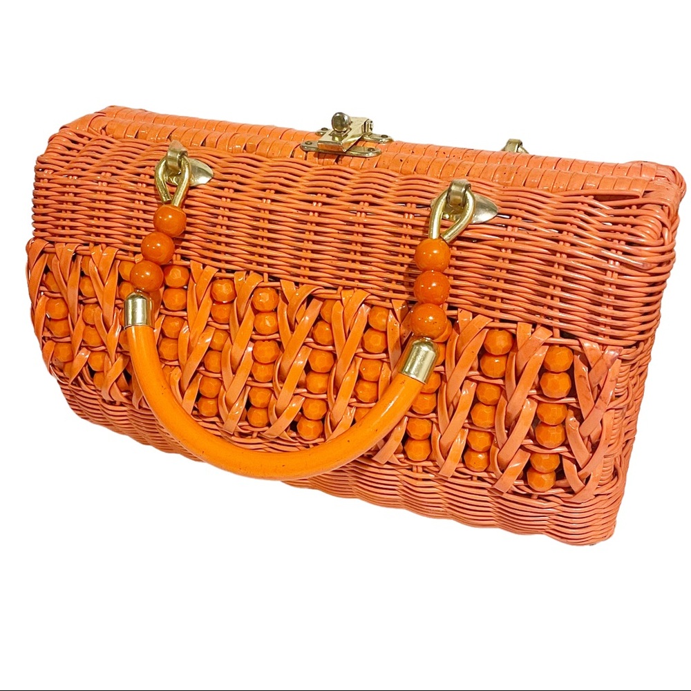 Orange Woven Beaded Clasp Closure Summer Large Handbag